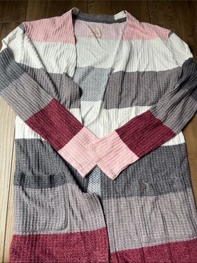 Justice Striped Open-Front Cardigan in Pink, Gray & Burgundy